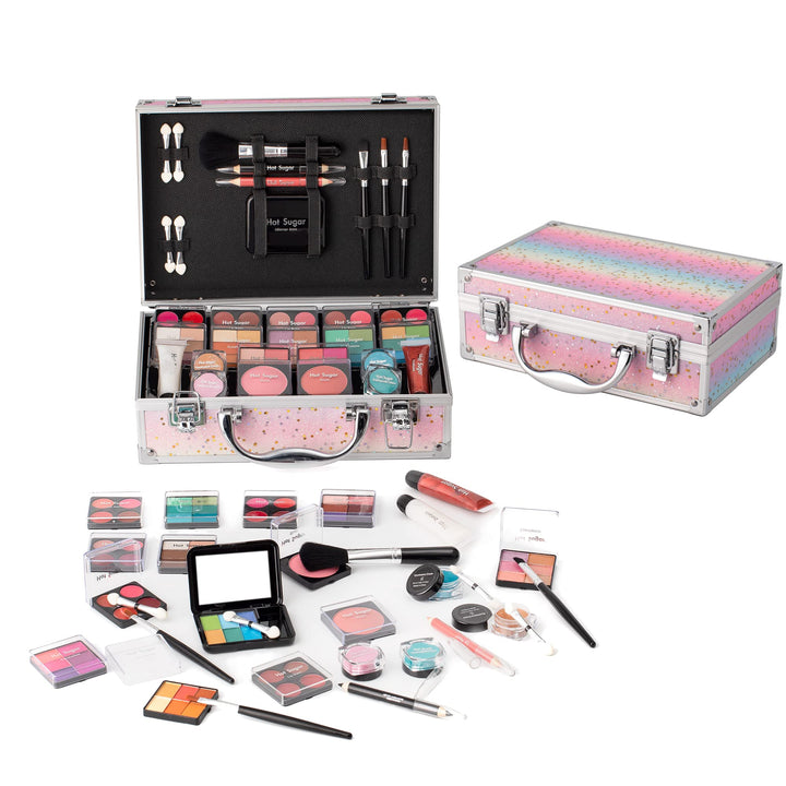 Hot Sugar rainbow train case front view showing sturdy storage and portability