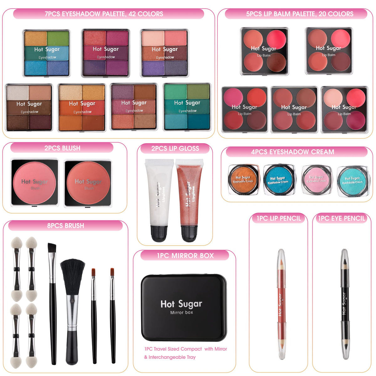 Hot Sugar lip balm and gloss array demonstrating moisturized, glossy lips