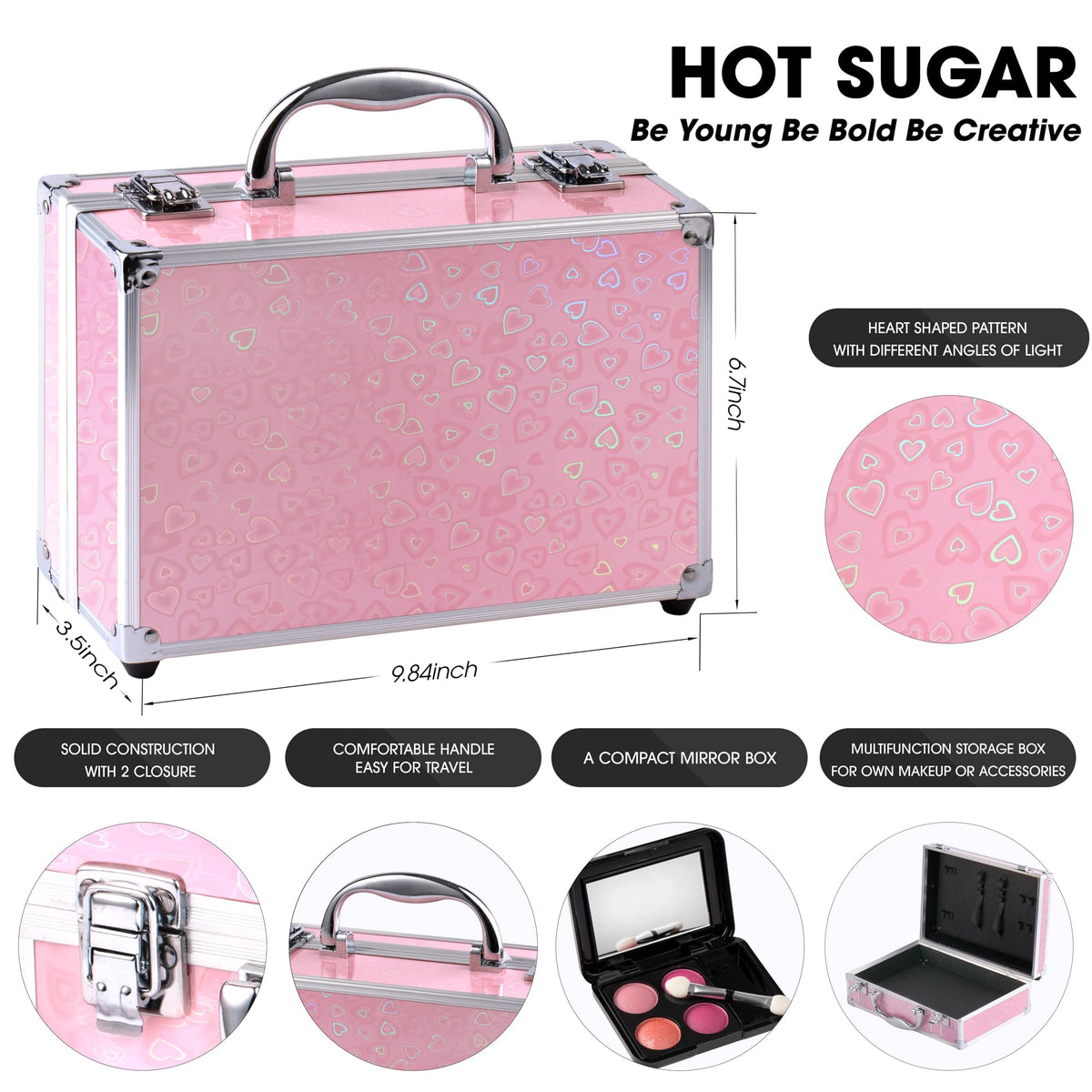 Hot Sugar open case displaying eyeshadows lip balms blushes brushes and mirror for easy selection