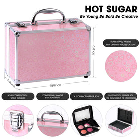 Hot Sugar open case displaying eyeshadows lip balms blushes brushes and mirror for easy selection