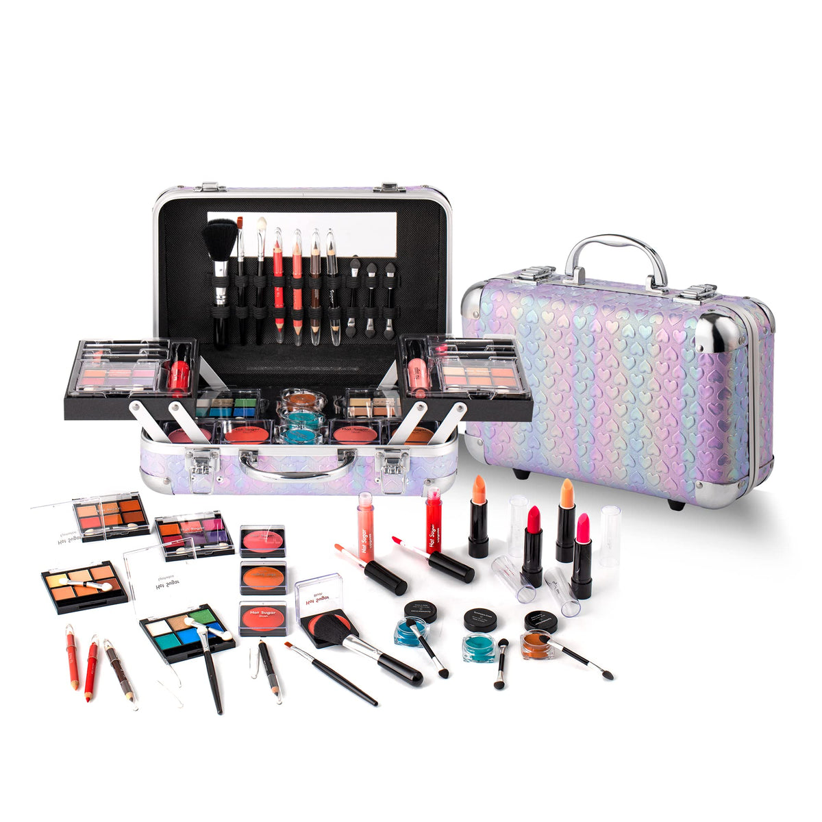 Hot Sugar purple heart train case front showing compact storage and mirror benefit