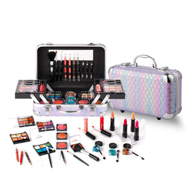 Hot Sugar purple heart train case front showing compact storage and mirror benefit