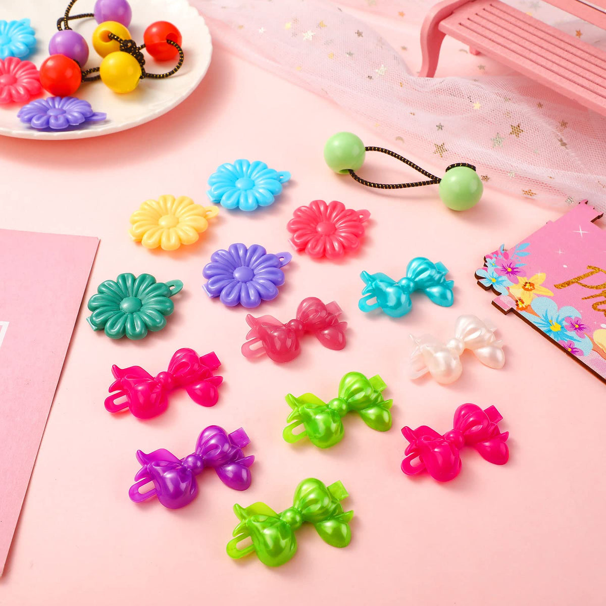 Hoteam elastic ties with double beads close-up, quick decorative ponytail