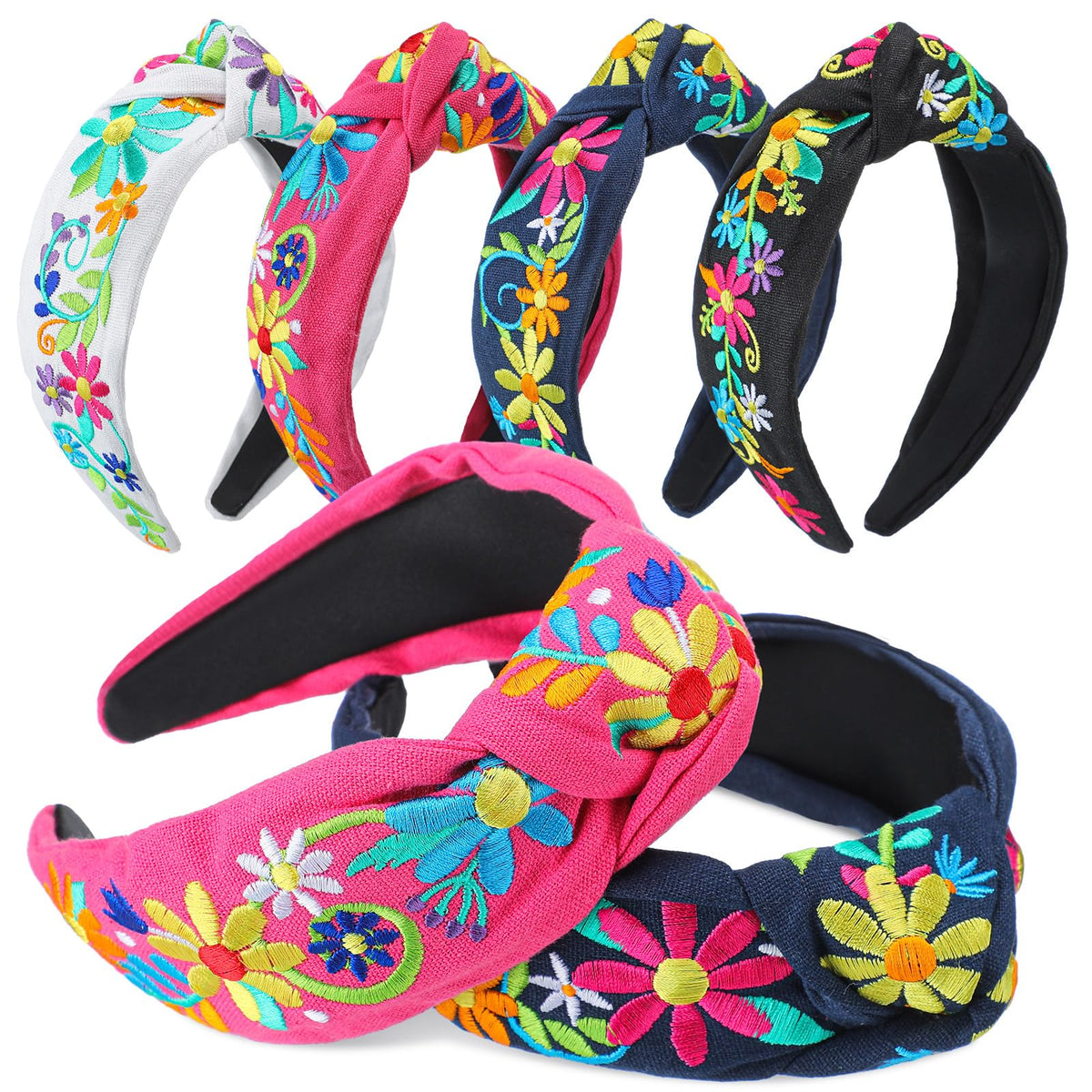 Hoteam front view of four colorful embroidered headbands showing variety and festive look