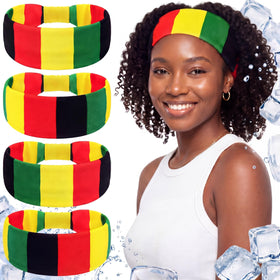 Hoteam front view of four Jamaican flag headbands showing colorful set and versatility