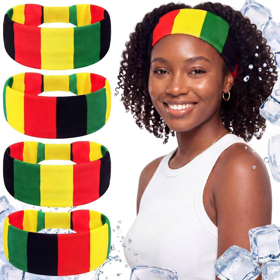 Hoteam front view of four Jamaican flag headbands showing colorful set and versatility