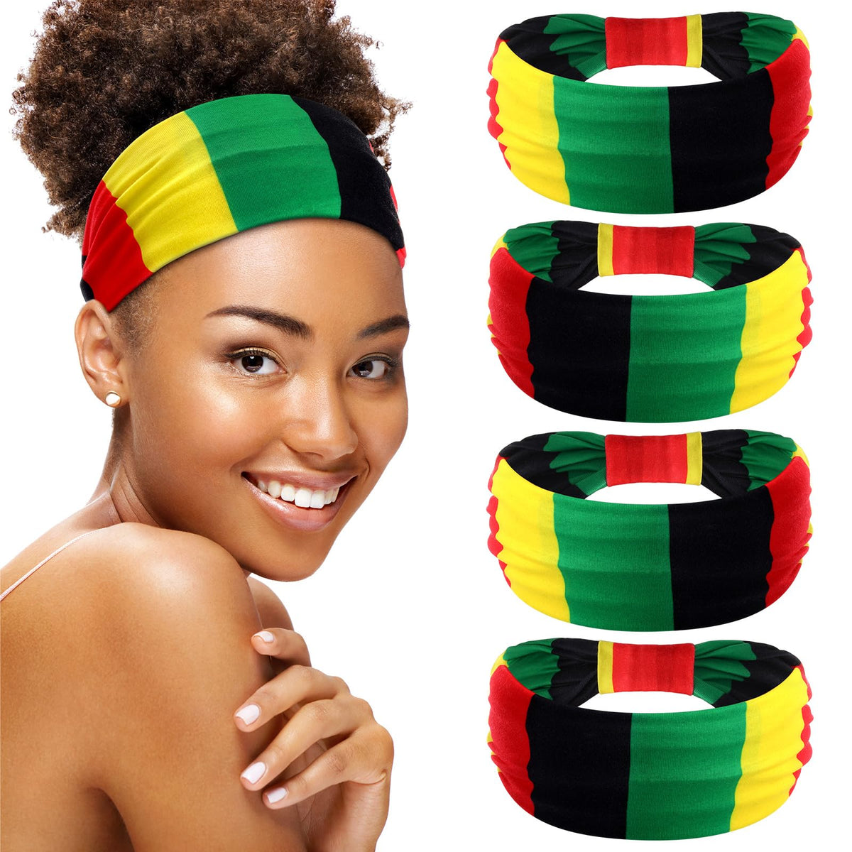 Hoteam front packaging showing four Jamaican flag headbands and easy outfit coordination