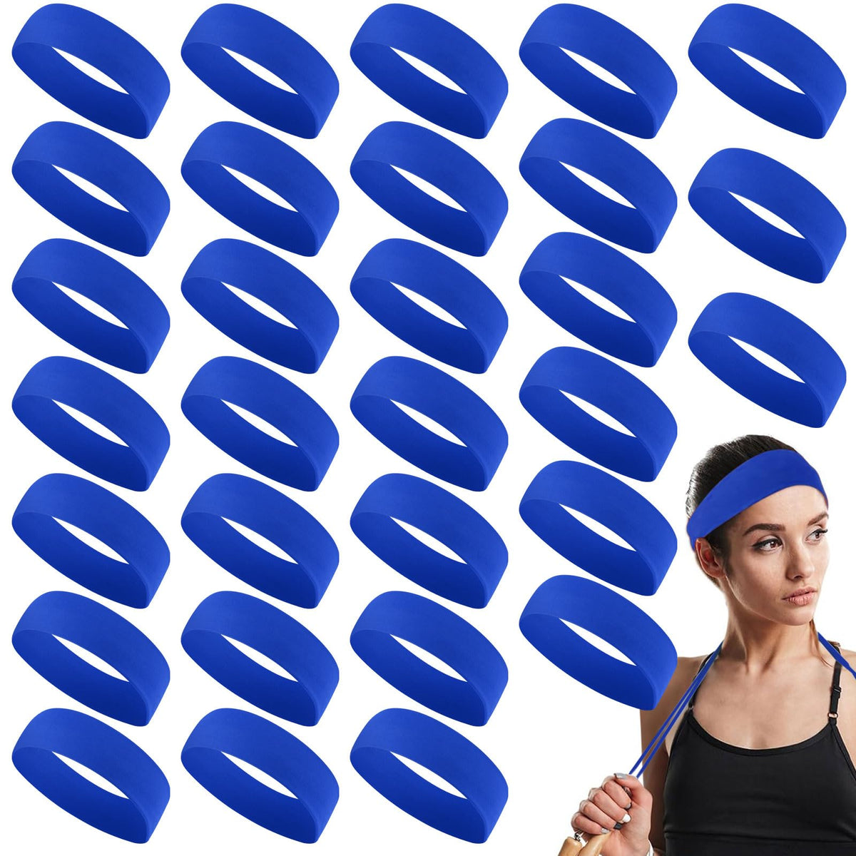 Hotop front pack of 30 royal blue headbands showing quantity and neat stacking for convenience