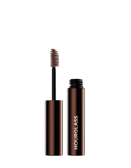 HOURGLASS front packaging of Arch Brow Volumizing Fiber Gel showing auburn shade and benefits