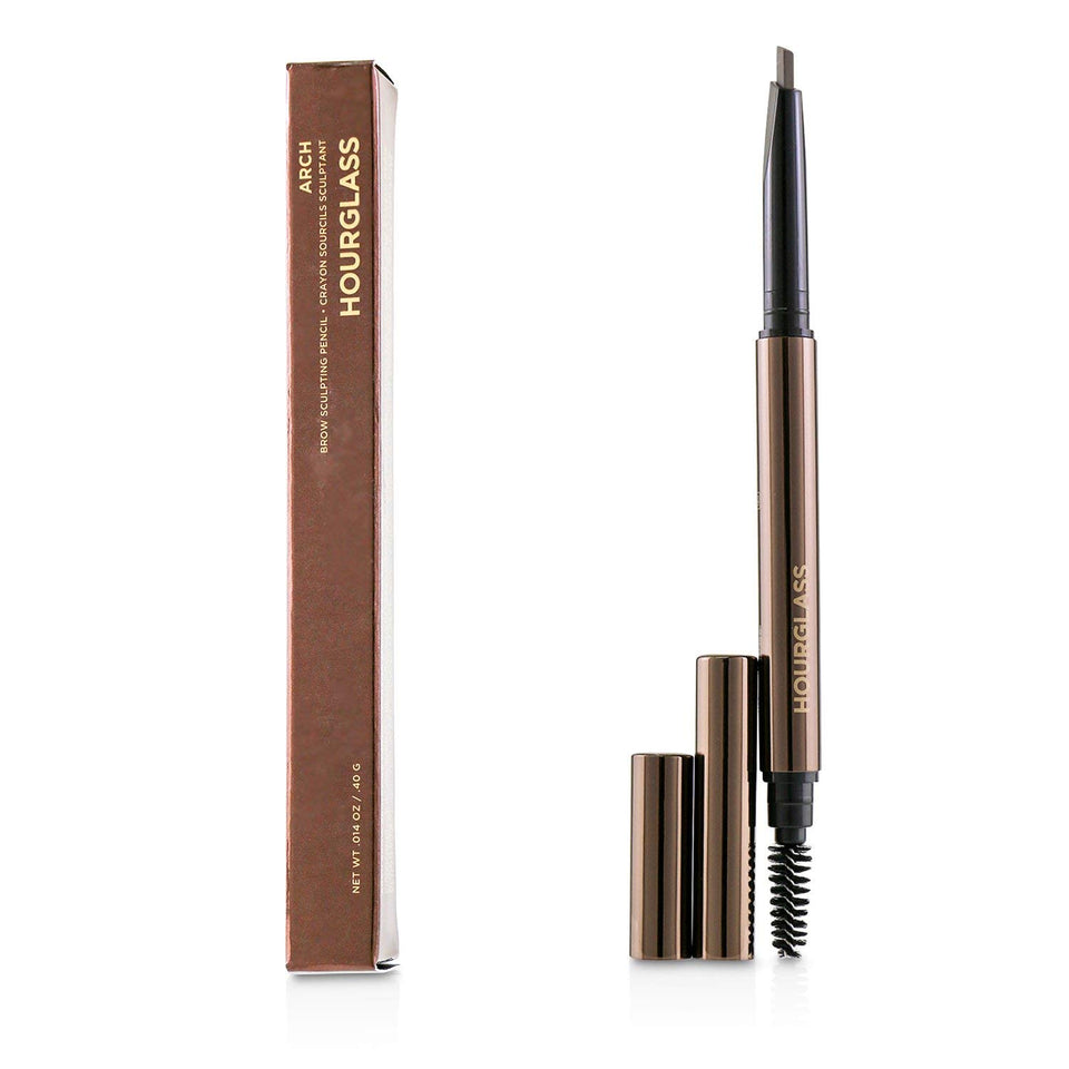 Hourglass eyebrow pencil front packaging showing sleek dual-ended design and shade