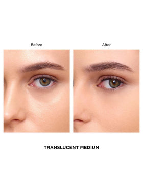 Hourglass compact held in hand demonstrating travel-ready size and mess-free use