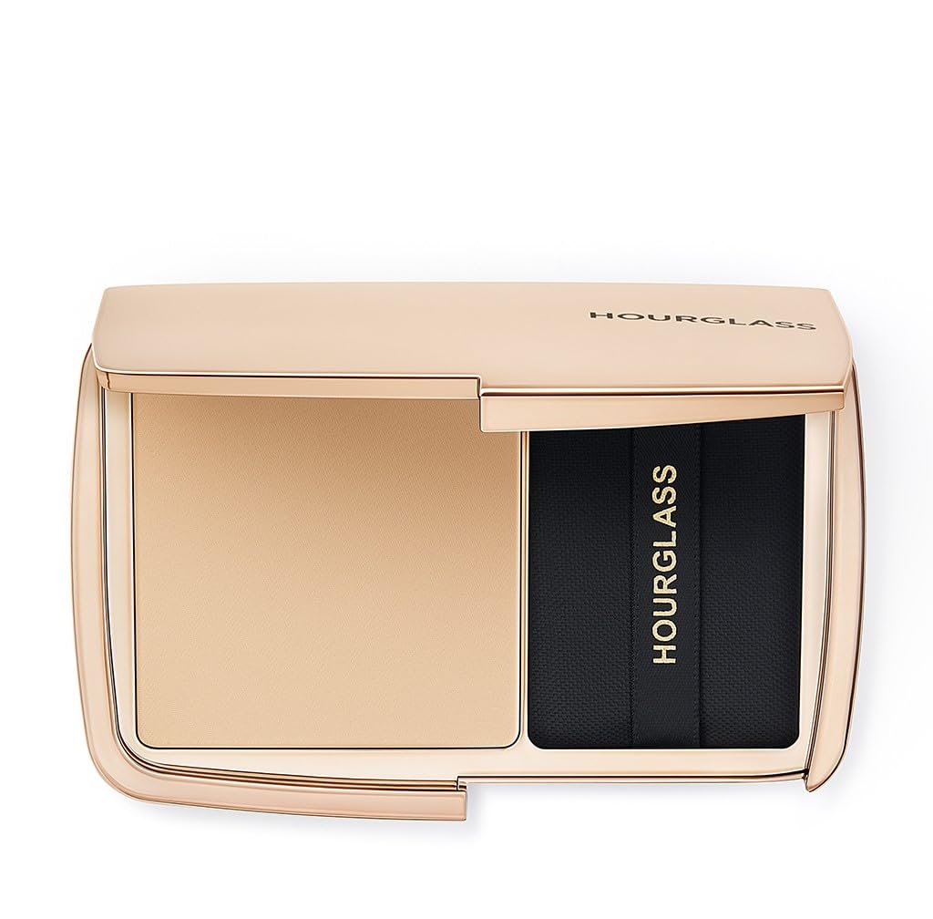 Hourglass front compact closed showing sleek packaging and portable convenience
