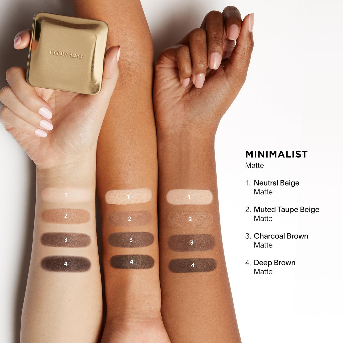 HOURGLASS palette on vanity with brushes highlighting everyday use and elegant styling benefit