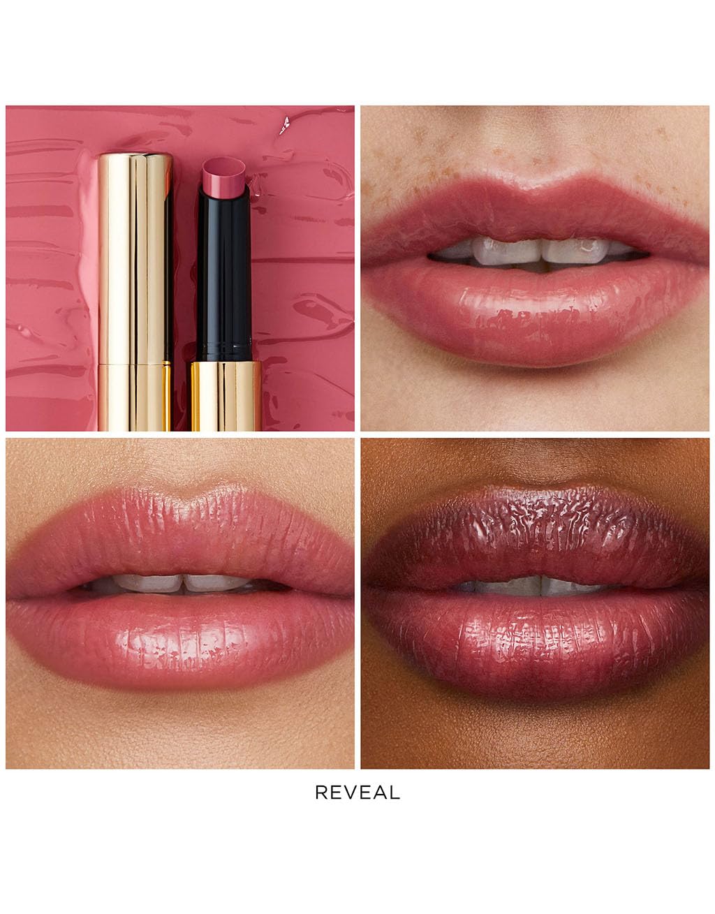 HOURGLASS close-up of Reveal 90 on lips, emphasizes rich color and smooth finish