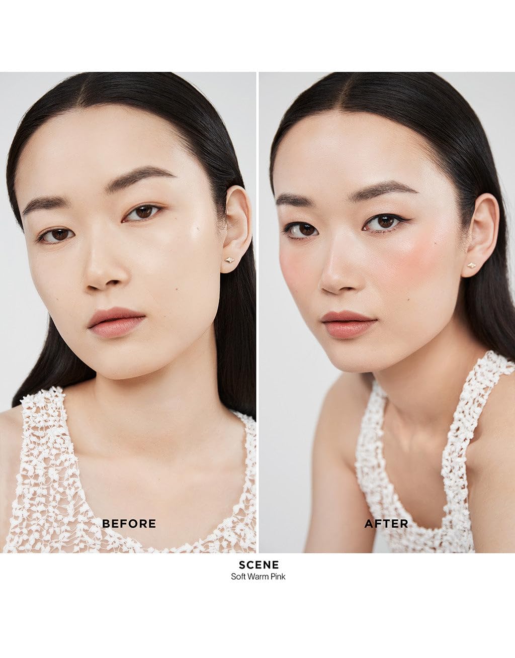 Hourglass blush blended on cheek close-up demonstrating natural lifted, hydrated look
