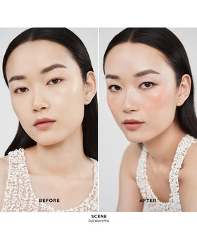 Hourglass blush blended on cheek close-up demonstrating natural lifted, hydrated look