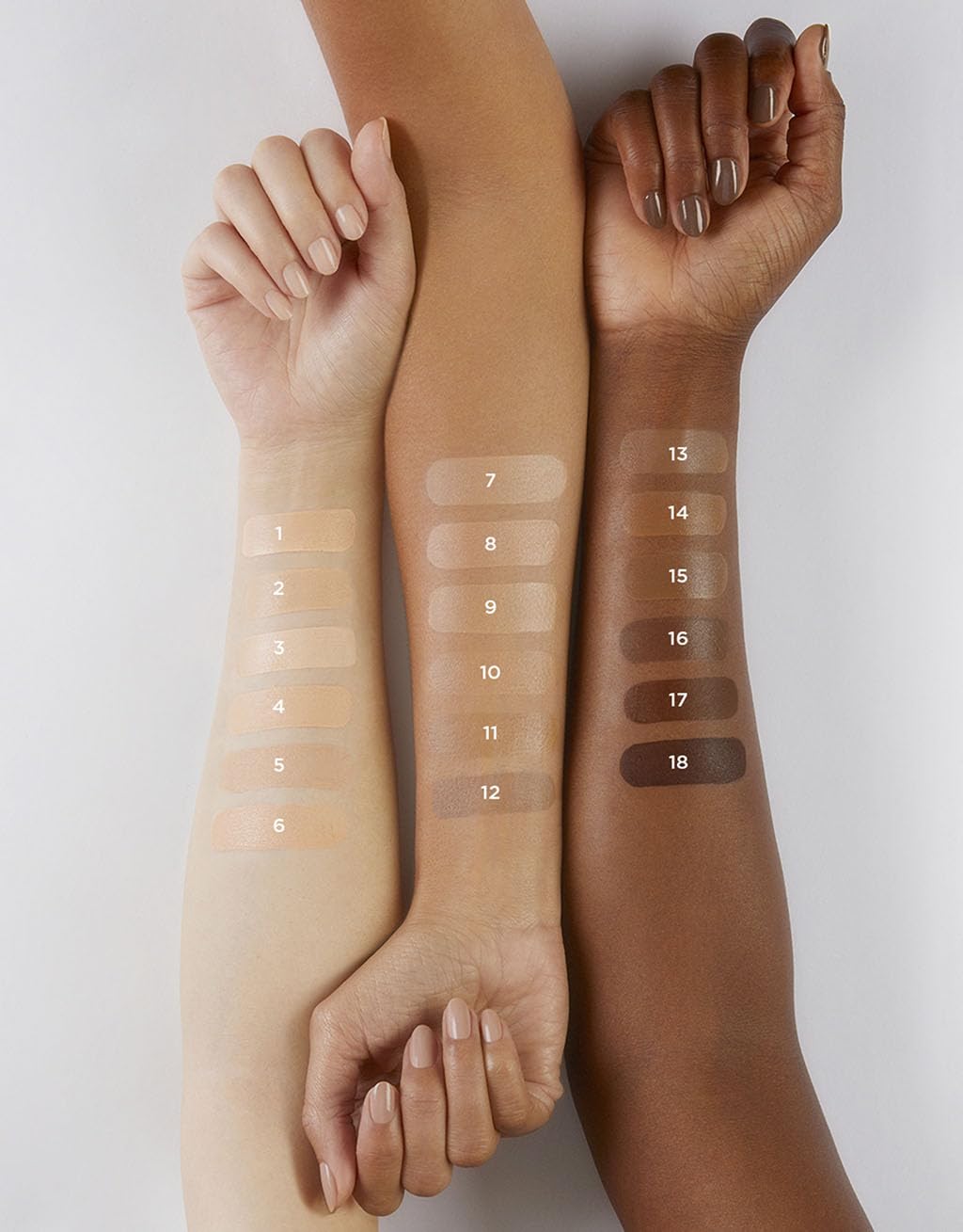 HOURGLASS swatches on skin illustrating shade payoff and natural, luminous coverage