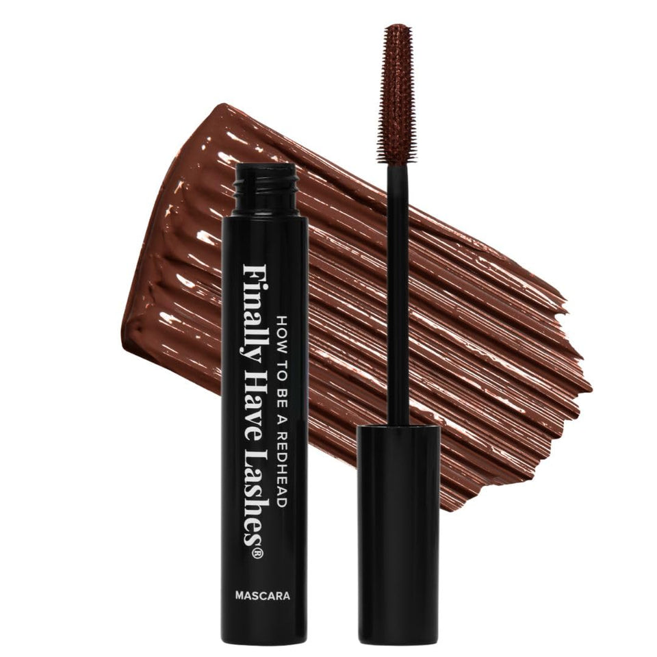 How to Be A Redhead mascara bottle front showing brown shade and clean packaging benefits