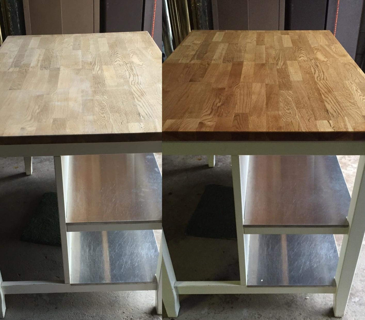HOWARD before and after butcher block comparison showing restored wood tone