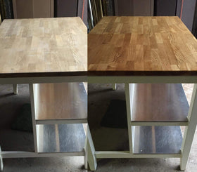 HOWARD before and after butcher block comparison showing restored wood tone