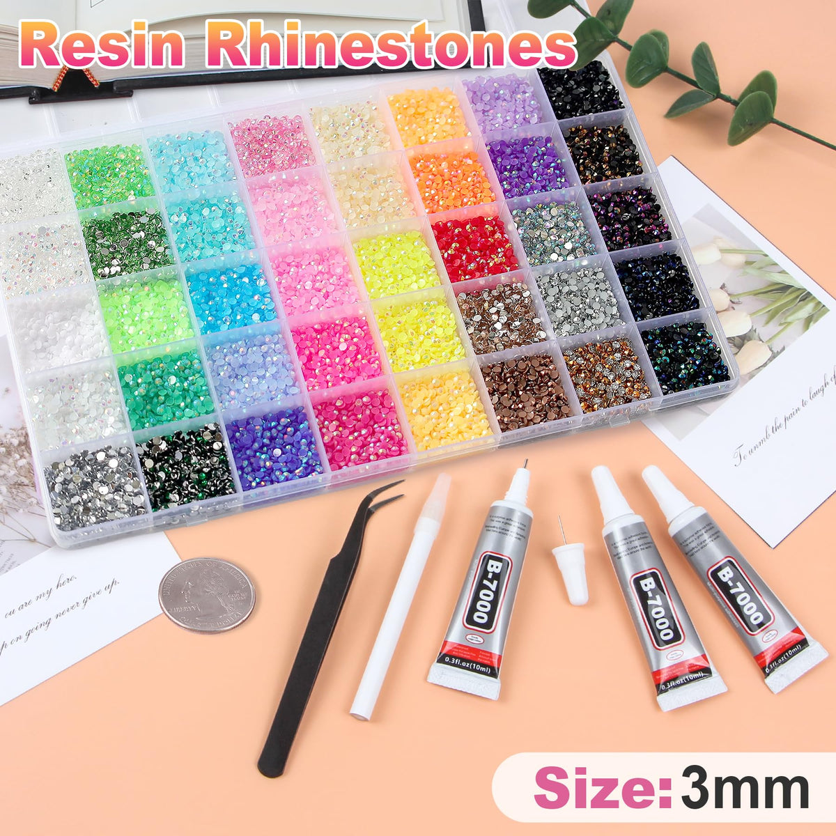 HRLbrc open 40-grid organizer displaying neat color-separated rhinestone compartments for easy access