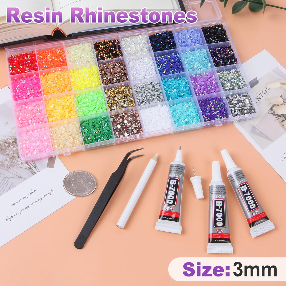 HRLbrc close-up of 3mm resin rhinestones highlighting sparkle and durable coating