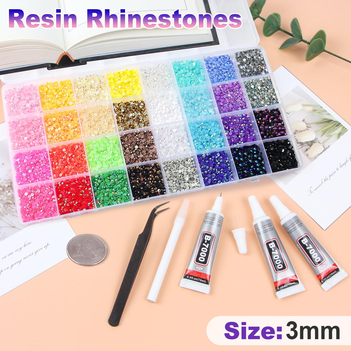 HRLbrc close-up of 3mm resin rhinestones showing bright sparkle and durable finish