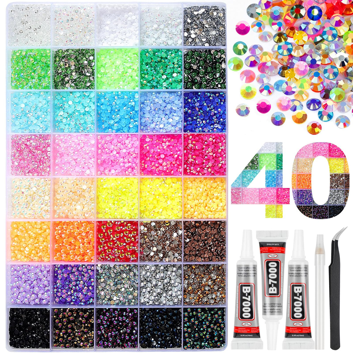 HRLbrc front packaging showing full 40-color rhinestone kit and included tools