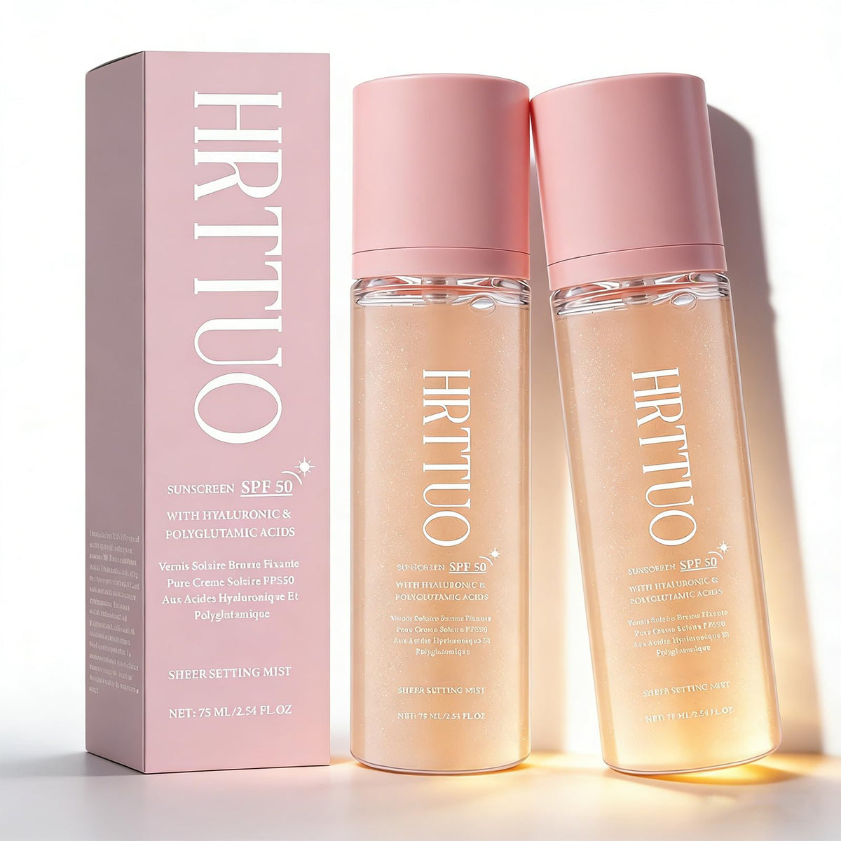 HRTTUO front packaging showing SPF 50 and mist benefits