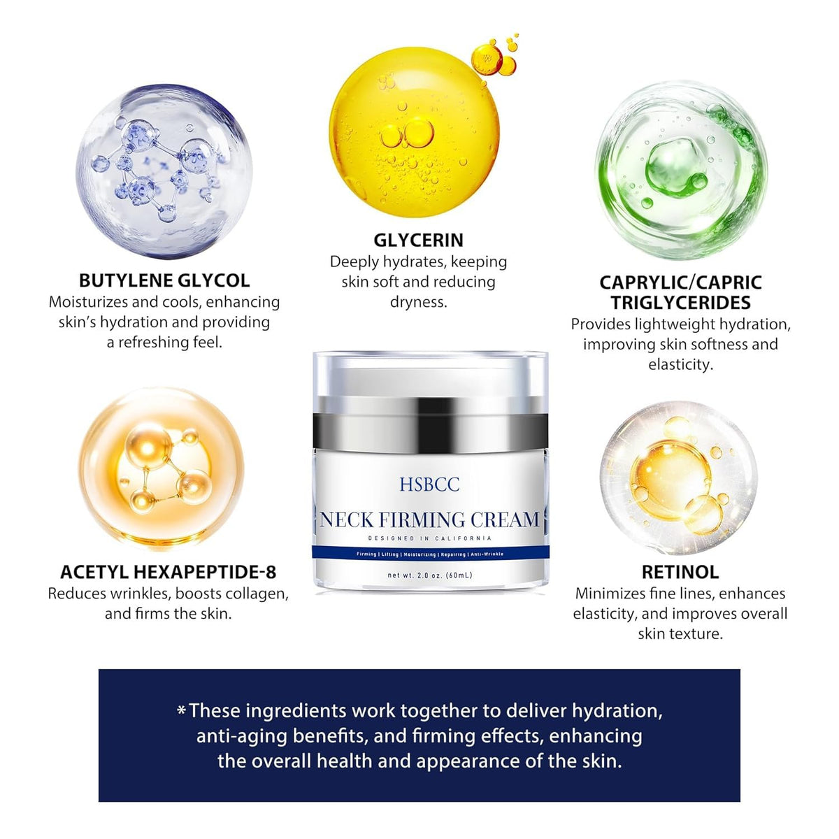 HSBCC neck cream pump next to ingredient label highlighting peptide and retinol blend