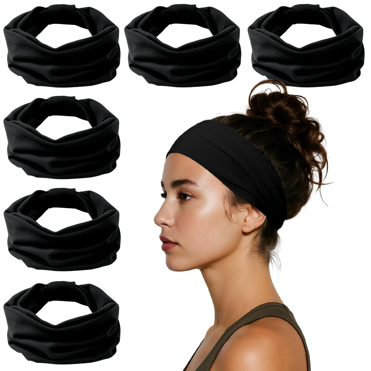 HSEM front view of six black headbands showing neat stacked packaging and convenience