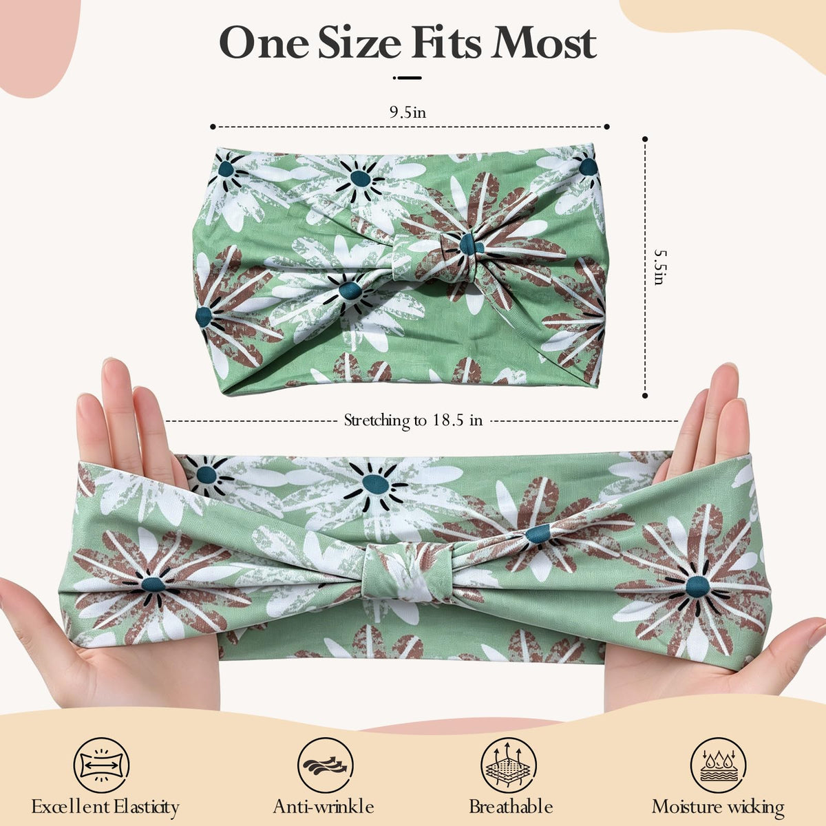 HSEM closeup of green floral headband knot showing decorative detail and secure fit