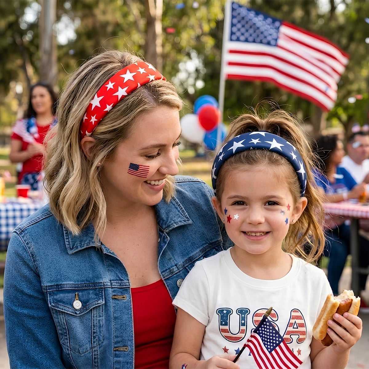 Huachi four headbands laid flat displaying each unique stars and stripes print