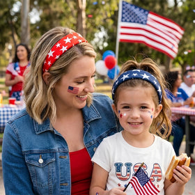 Huachi four headbands laid flat displaying each unique stars and stripes print