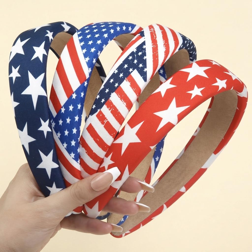 Huachi front view of 4-pack headbands showing patriotic packaging and convenience