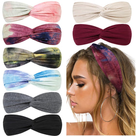 Huachi front packaging showing eight tie dye headbands and colorful assortment benefits