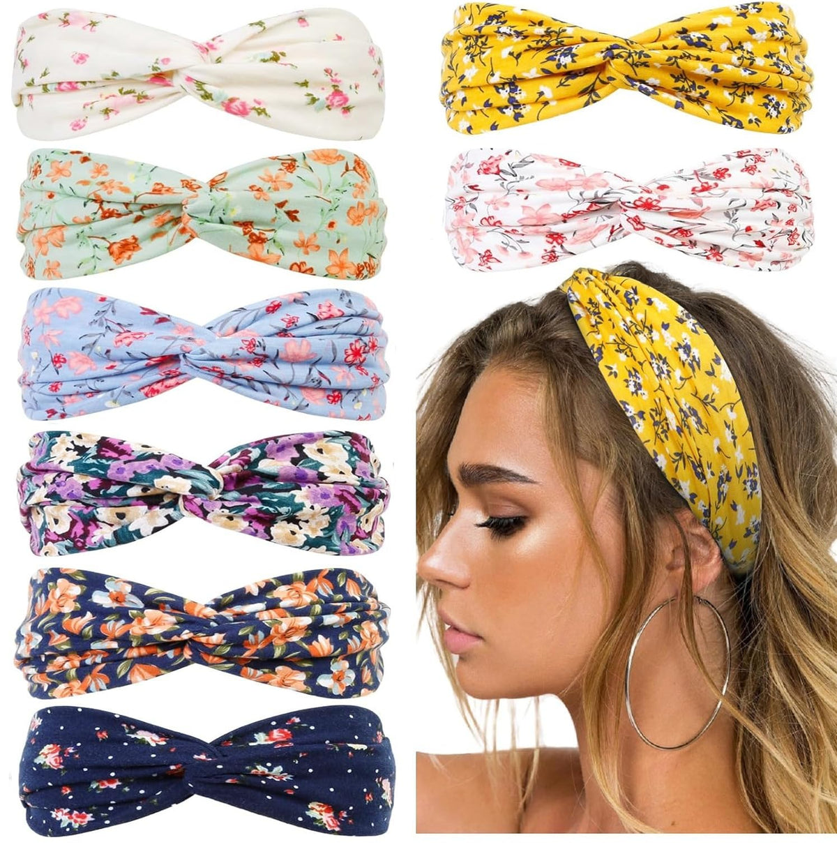 Huachi front view pack showing eight floral headbands and styling options