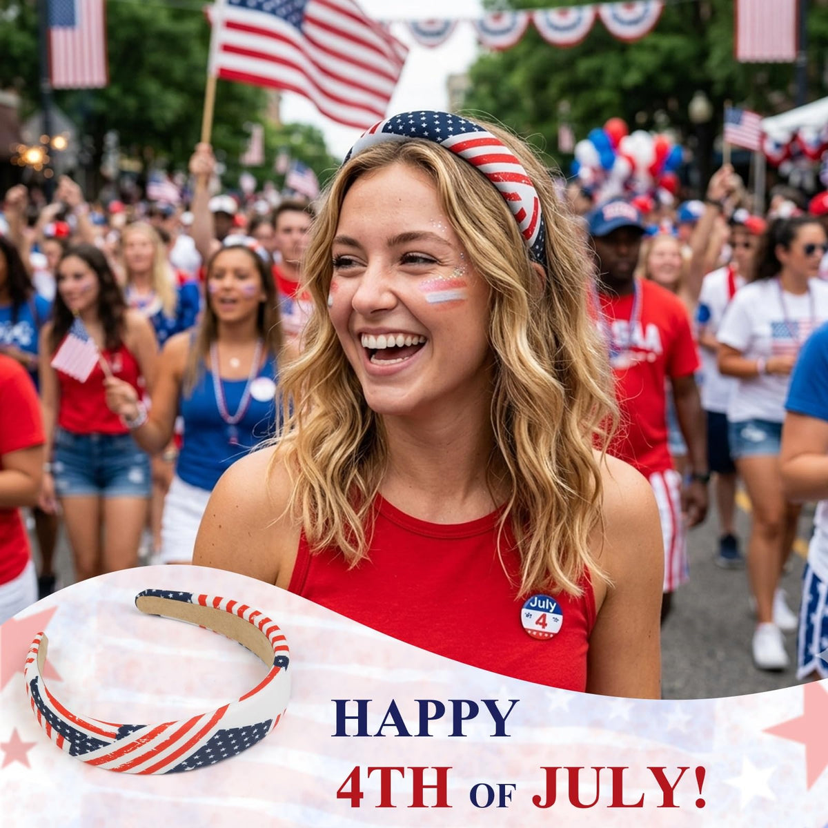 Huachi headband worn at a parade bringing festive red white blue style