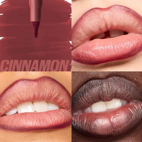 Huda applicator close-up and swatch showing precise tip and rich color payoff