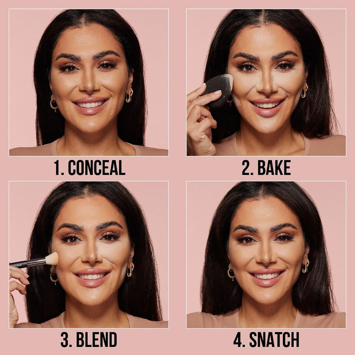 Huda Beauty Cherry Blossom with brush and puff showing easy application and blendability