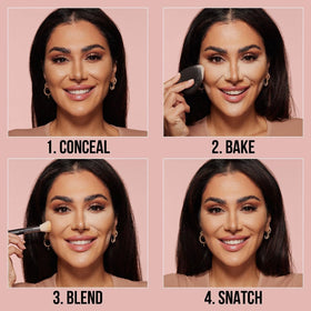 Huda Beauty Cherry Blossom with brush and puff showing easy application and blendability