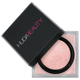 Huda Beauty Cherry Blossom jar open showing sifter for controlled loose powder release