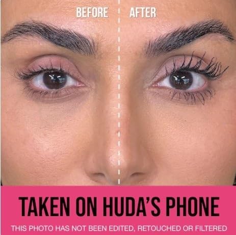 HUDA mascara brush and stroke detail demonstrating lift and volumizing effect