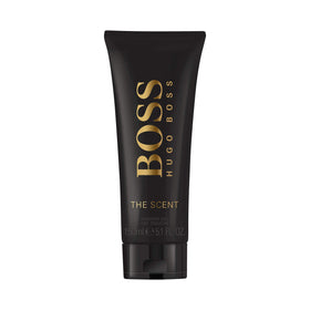 Hugo Boss shower gel front packaging showing bottle and label benefit: travel-ready scent