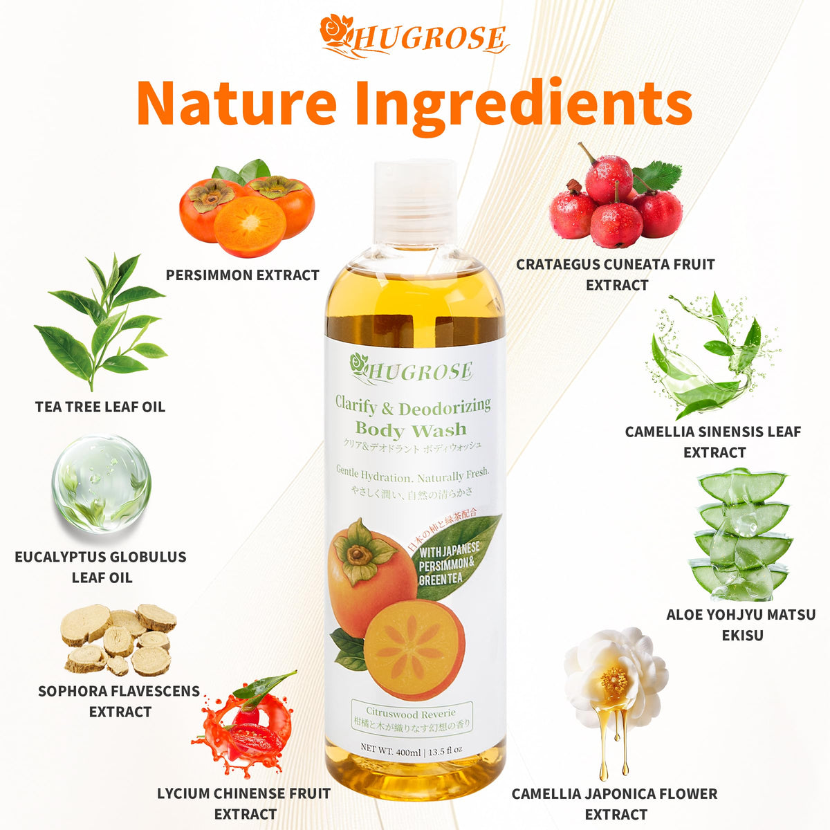 HUGROSE Japanese persimmon extract and green tea ingredient display benefits