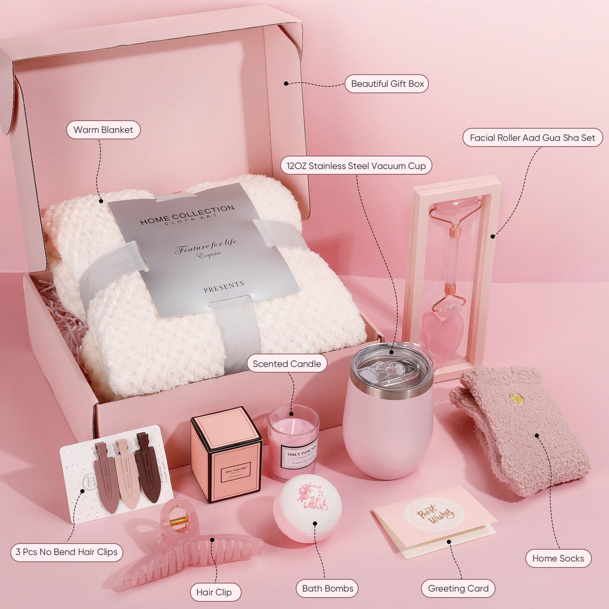 HUIMYUE contents flatlay showing all spa items for easy routine