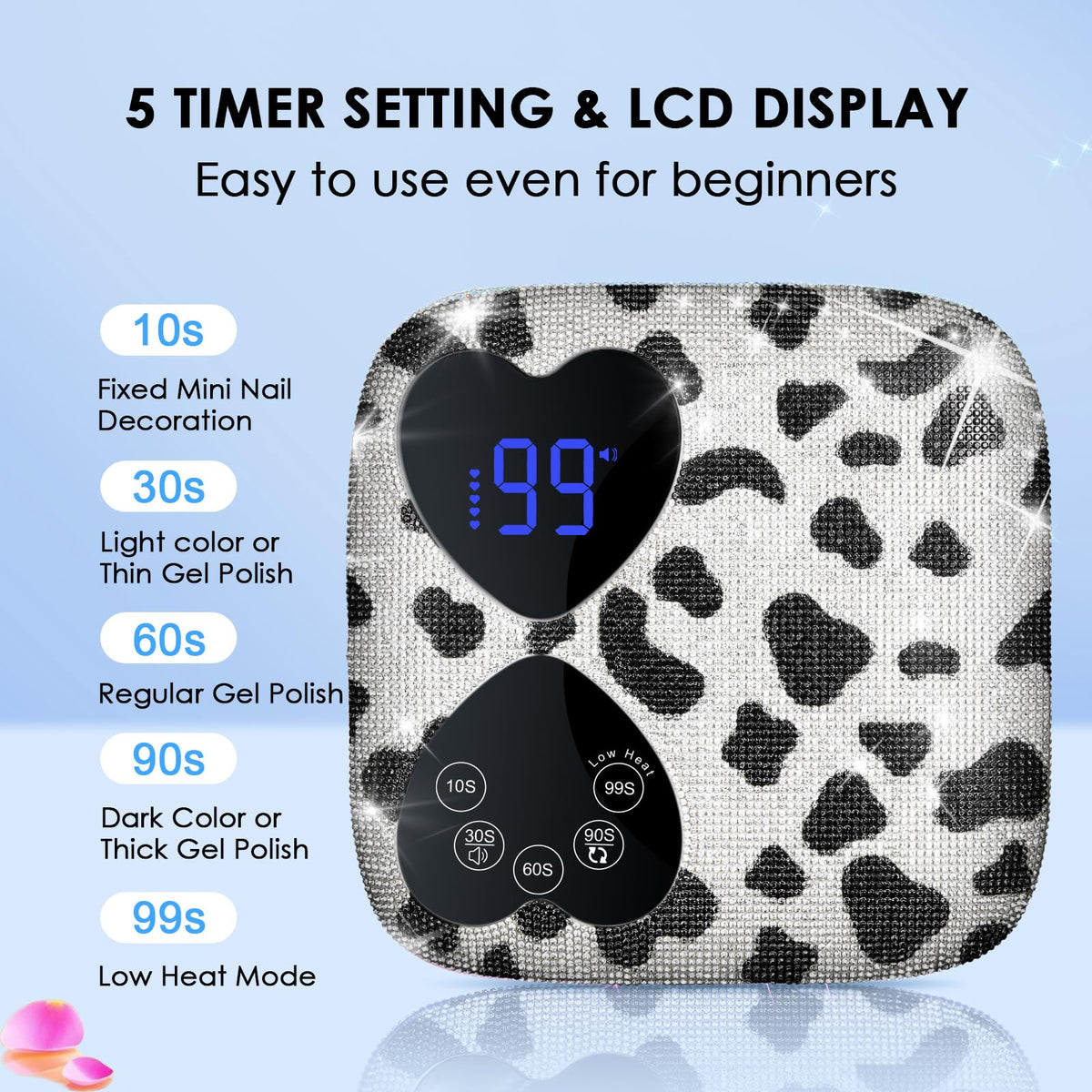 HUITINE heart-shaped touch display lit up for quick timer selection and user-friendly control benefit