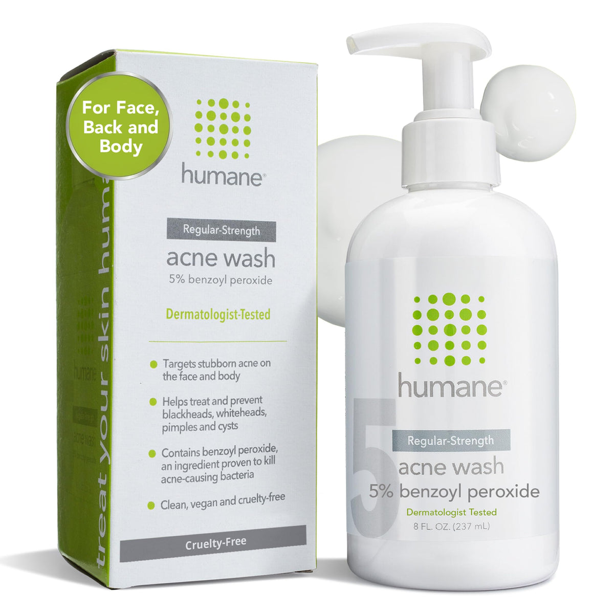 humane front packaging showing the 5% benzoyl peroxide and benefit of acne reduction