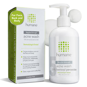 humane front packaging showing the 5% benzoyl peroxide and benefit of acne reduction