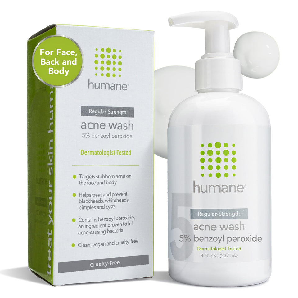 humane front packaging showing the 5% benzoyl peroxide and benefit of acne reduction